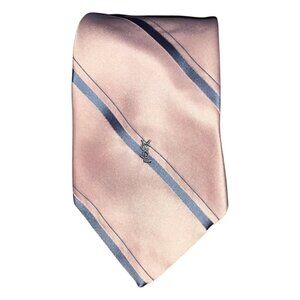 Vintage Y2K Yves Saint Laurent Silk Tie YSL Logo Light Pink Blue Stripe 56L 3.5